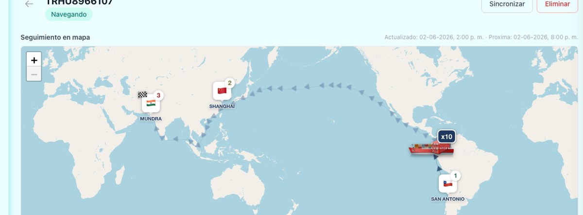 Rastreo en mapa del embarque: San Antonio → Shanghái → Mundra